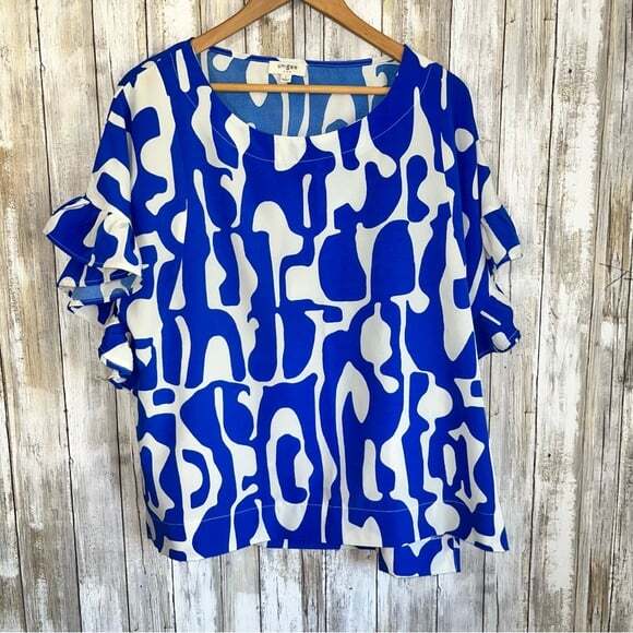 Umgee Can’t Wait Saphire Blue Abstract Ruffle Sleeve Blouse - Picture 2 of 6